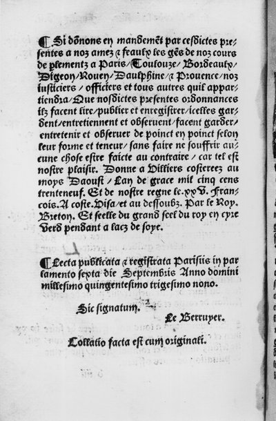 Última página de la Ordenanza de Villers-Cotterets, 1539 de French School