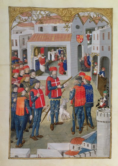 Lat 6067 fol.33v Los Caballeros de San Juan de Jerusalén se preparan para defender Rodas, de A History of the Siege of Rhodes, por Guillaume Caoursin, 1483 de French School