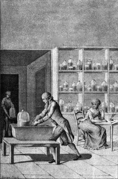 Lavoisier en su laboratorio en el Arsenal, demostrando un experimento sobre la respiración, siglo XVIII de French School