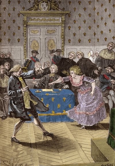 Juicio del Asunto del Collar de la reina María Antonieta - Frente al Parlamento de París, Cagliostro empujando demasiado lejos a la falsa condesa de Lamotte-Valois, una intrigante que engañó al cardenal de Rohan. 31 de mayo de French School