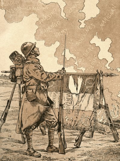 Le Bleuet. Símbolo de memoria y solidaridad en Francia, para los veteranos y las víctimas de la Primera Guerra Mundial. Ilustración propagandística francesa de la 1ª Guerra Mundial que evoca las victorias francesas a través de los tiempos. De la Agenda Buv de French School