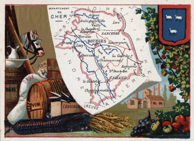 Le Cher (18), Centro, Francia. Serie sobre los Departamentos Franceses. Cerveza, cebada, cuero, vino y cuchillos. Cromolitografía “el hilo geográfico”, circa 1920. Colección privada. de French School