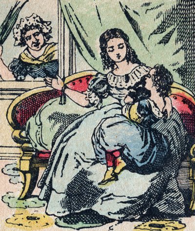 Le Père Fouettard, personaje francés del padre azotador, figura legendaria del folclore que castiga a los niños traviesos: su esposa, La Mère Fouettard, la madre azotadora que no reprende a los niños sabios - Imagen de Epinal de French School