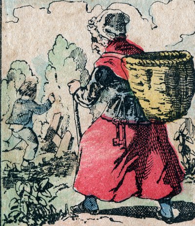 Le Pere Fouettard, personaje francés del padre azotador, figura legendaria del folclore que castiga a los niños traviesos: su esposa, La Mere Fouettard, la madre azotadora que persigue a los niños que faltan a la escuela - Imagen de Epinal de French School