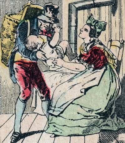 Le Pere Fouettard, personaje francés del padre azotador, figura legendaria del folclore que castiga a los niños traviesos y encierra a los desobedientes, imagen de Epinal del siglo XIX (grabado) de French School