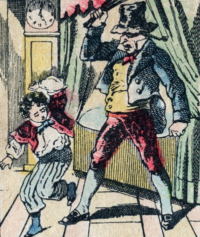 Le Pere Fouettard, personaje legendario del folclore, castigando a los niños desobedientes con su látigo, e encerrando a los niños desobedientes, imagen de Epinal de French School