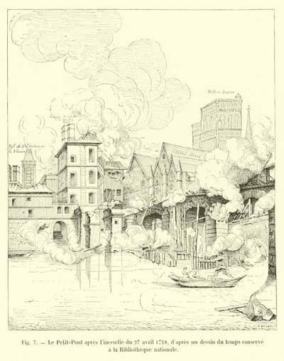 Le Petit-Pont después del incendio del 27 de abril de 1718, según un dibujo de la época conservado en la Biblioteca Nacional de French School