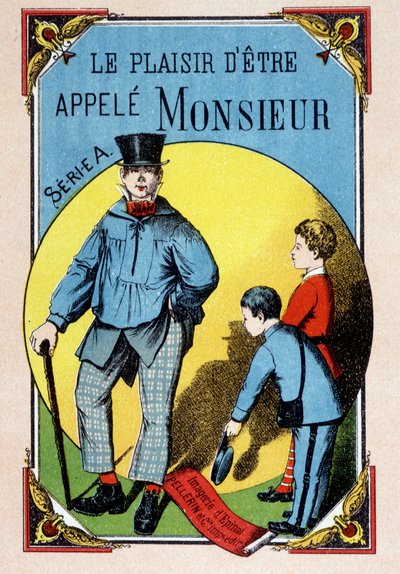 El placer de ser llamado señor: niños saludando a un trabajador con blusa y sombrero de copa, imagen de Epinal, s. XIX de French School