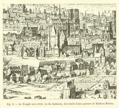 El Temple hacia 1620, visto desde el suburbio, facsímil de un grabado de Mathieu Merian de French School