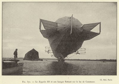 El Zeppelin III y su hangar flotante en el lago de Constanza de French School