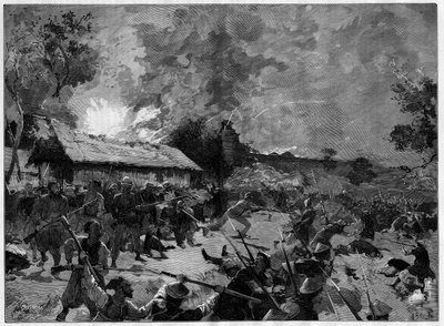 La emboscada de Hue, 4-5 julio 1885: ataque de un ejército tonkinés (Vietnam) contra las tropas francesas del general de Courcy. Grabado en "Le Monde Illustre" de French School