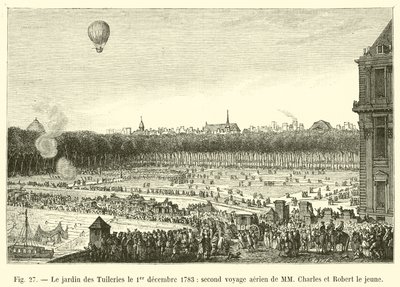 El jardín de las Tullerías el 1 de diciembre de 1783, segundo viaje aéreo de MM Charles y Robert el joven de French School
