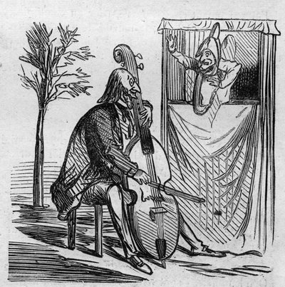 El maestro Offenbach acaparando con su música todos los teatros de París. El compositor alemán naturalizado francés Jacques Offenbach (1819-1880) tocando el violonchelo. Caricatura de Cham. Grabado en 