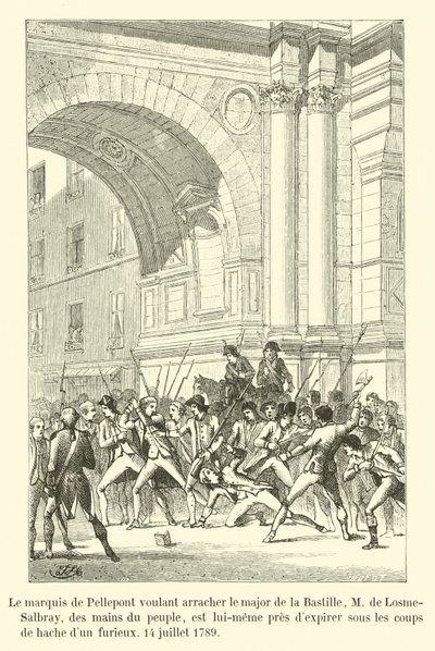El marqués de Pellepont intentando rescatar al mayor de la Bastilla, M de Losme-Salbray, de las manos del pueblo, está a punto de expirar bajo los golpes de hacha de un furioso, 14 de julio de 1789 de French School