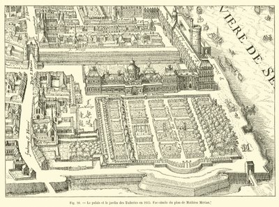 El palacio y el jardín de las Tullerías en 1615, facsímil del plano de Mathieu Merian de French School
