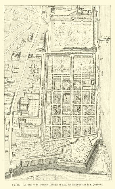 El palacio y el jardín de las Tullerías en 1632, facsímil del plano de I Gomboust de French School