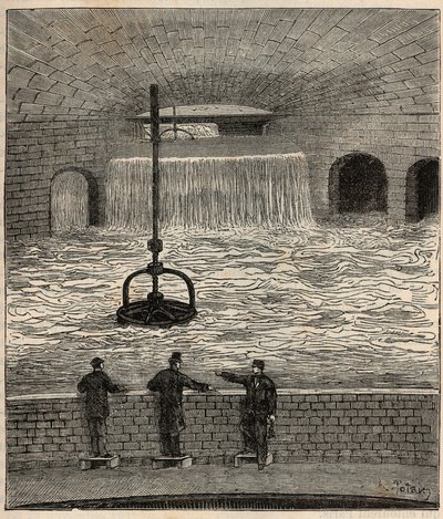 El depósito de Montsouris (depósito de la Vanne), uno de los cinco principales depósitos de agua de París - Grabado en “Ciencias al alcance de todos - Física y química populares” por Alexis Clerc - Finales del siglo XIX - Colección privada de French School