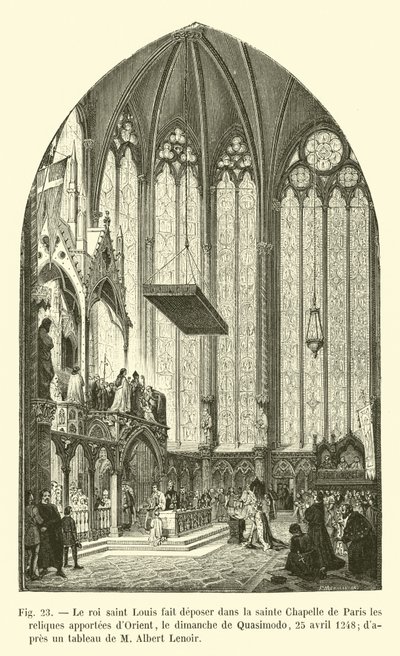 El rey San Luis hace depositar en la Sainte Chapelle de París las reliquias traídas de Oriente, el domingo de Quasimodo, 25 de abril de 1248, según un cuadro de M. Albert Lenoir de French School