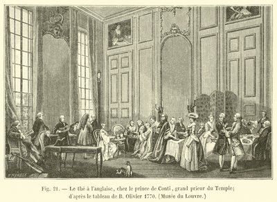 El té a la inglesa, en casa del príncipe de Conti, gran prior del Temple; según el cuadro de B. Olivier 1770, Museo del Louvre de French School