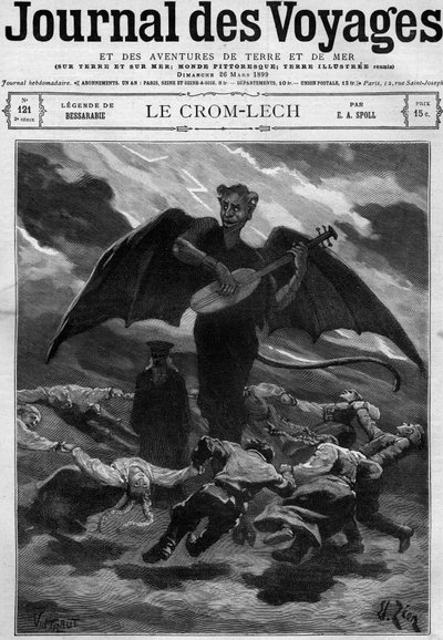 Leyenda de Besarabia (Europa del Este): Crom Lech. Satanás, tocando balalaika, entrena a los bailarines en una ronda interminable. Grabado en Journal des Voyages del 26 de marzo de 1899 de French School
