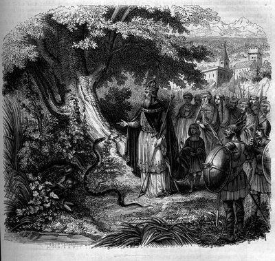 Leyenda de Carlomagno y la serpiente: el emperador frente al nido de la serpiente ocupado por un sapo. Grabado de 1852 de French School