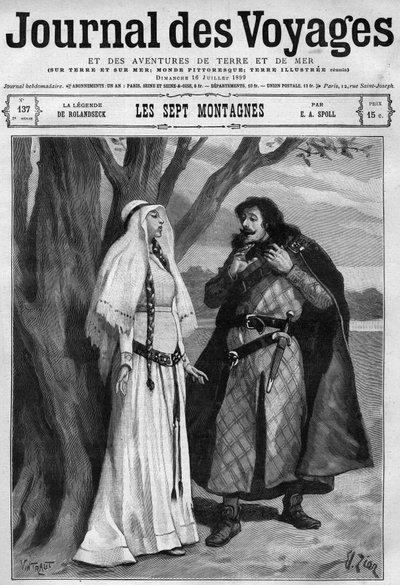 Leyenda de Rolandseck: Hildegonde se entera de la muerte de Roland, su prometido, y permanece en silencio de dolor. Adaptación alemana de la Canción de Roland. Grabado en Journal des Voyages del 16 de julio de French School
