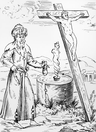 Leyenda del judío llamando al diablo desde un recipiente de sangre, después de un grabado en Histoires Prodigieux de Pierre Boaistuau, publicado en 1560 de French School