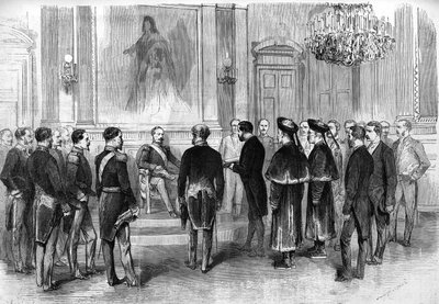 El emperador Napoleón III (1808-1873) recibe a los embajadores chinos y sus intérpretes en el salón de las Tullerías en París de French School