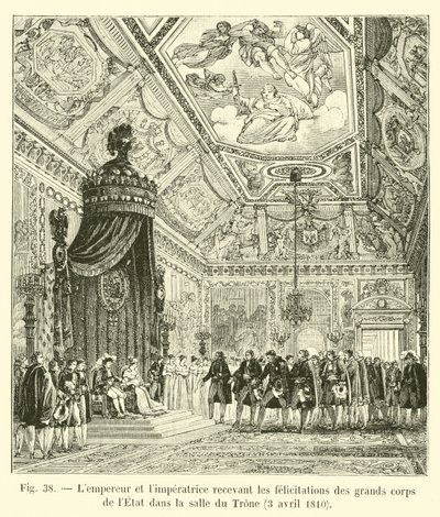 El Emperador y la Emperatriz recibiendo las felicitaciones de los grandes cuerpos del Estado en la sala del Trono, 3 de abril de 1810 de French School