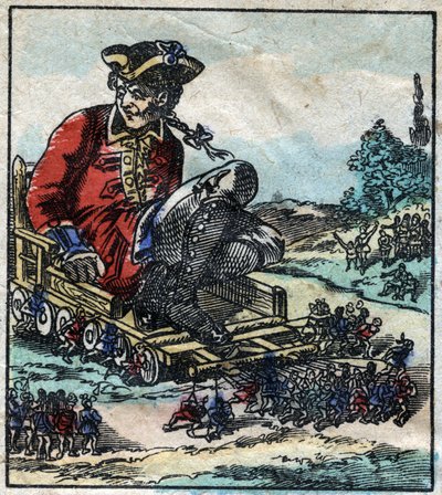 Lemuel Gulliver, prisionero, es transportado en un carro tirado por los liliputienses. Ilustración para “Los viajes de Gulliver” de Jonathan Swift (1667-1745). Imagen de Epinal de finales del siglo XIX. de French School