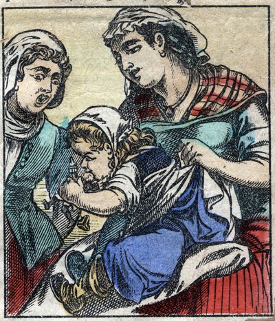 Lemuel Gulliver en el País de los Gigantes de Brobdingnag. Ilustración para "Los viajes de Gulliver" de Jonathan Swift (1667-1745). Imagen de Épinal de finales del siglo XIX. de French School