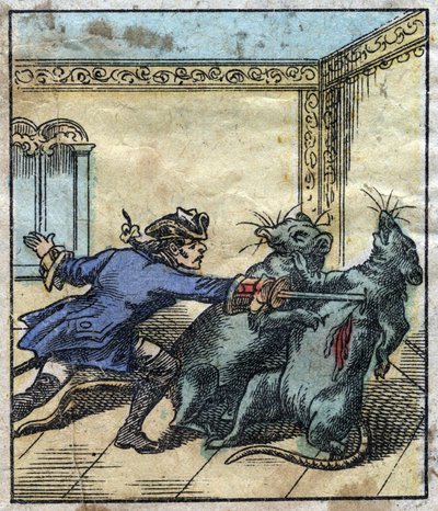 Lemuel Gulliver lucha contra ratas en la tierra de los gigantes de Brobdingnag. Ilustración para "Los viajes de Gulliver" de Jonathan Swift (1667-1745). Imágenes de Epinal de finales del siglo XIX. de French School