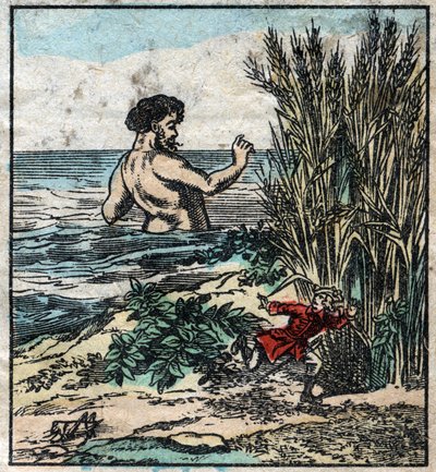 Lemuel Gulliver se esconde de un gigante en Brobdingnag. Ilustración para "Los viajes de Gulliver" de Jonathan Swift (1667-1745). Imagen de Epinal finales del siglo XIX. de French School