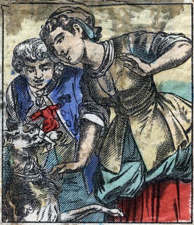 Lemuel Gulliver en la tierra de los gigantes de Brobdingnag. Ilustración para "Los viajes de Gulliver" de Jonathan Swift (1667-1745). Imágenes de Epinal de finales del siglo XIX. de French School
