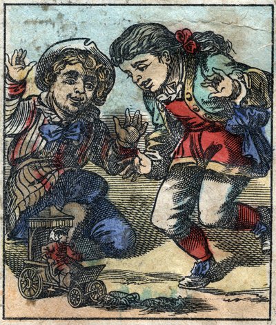 Lemuel Gulliver es usado como juguete por los niños gigantes de Brobdingnag. Ilustración para "Los viajes de Gulliver" de Jonathan Swift (1667-1745). Imágenes de Épinal finales del siglo XIX. de French School