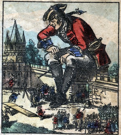 Lemuel Gulliver sentado en la muralla de la ciudad explica la estrategia al ejército de Lilliput. Ilustración para "Los viajes de Gulliver" de Jonathan Swift (1667-1745). Imágenes de Epinal de finales del siglo XIX. de French School