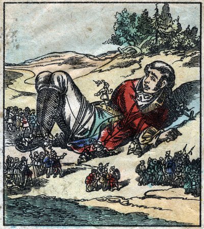 Lemuel Gulliver se despertó después de su naufragio y fue tomado prisionero por los liliputienses. Ilustración para "Los viajes de Gulliver" de Jonathan Swift (1667-1745). Imagen de Epinal finales del siglo XIX. de French School