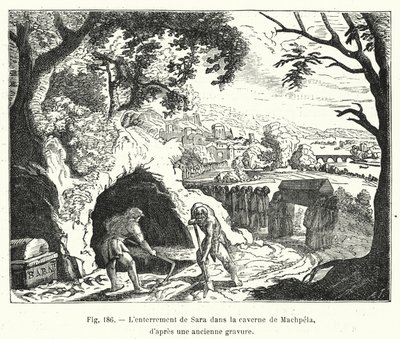 El entierro de Sara en la caverna de Macpela, según una antigua grabado de French School