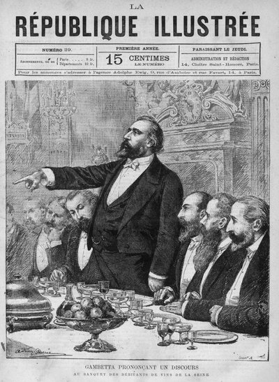 Léon Gambetta (1838-1882) dando un discurso en el banquete de los vendedores de vino del Sena. Un periódico. Grabado de 1880 en “La republique illustree” colección privada. de French School