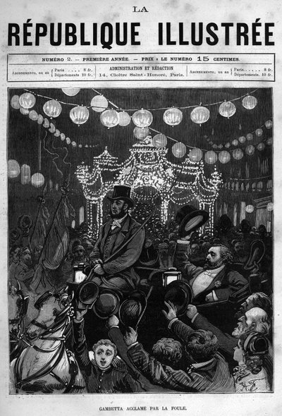 Leon Gambetta (1838-1882) saluda la estatua en la Place de la Republique en París. Un periódico. Grabado de 1880 en "La republique illustree" colección privada. de French School