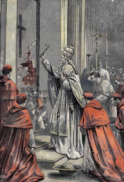 León XIII, nacido Vincenzo Gioacchino Raffaele Luigi Pecci (1810-1903), 256º Papa de la Iglesia Católica, abre la puerta del jubileo en San Pedro del Vaticano el 24 de diciembre de 1899. Grabado en “Le Pelerin” 31/12/1899. de French School