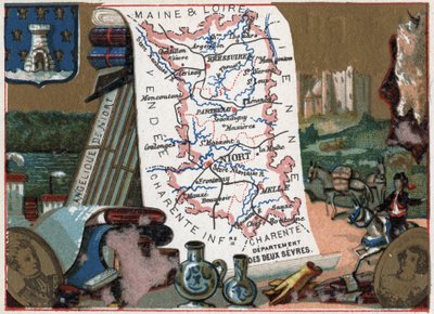 Les Deux Sèvres (Deux-Sèvres, 79), Poitou Charente (Poitou-Charente), Francia. Ángel de Niort. Serie sobre los Departamentos Franceses. Cromolitografía “el hilo geográfico”, circa 1920. Colección privada. de French School