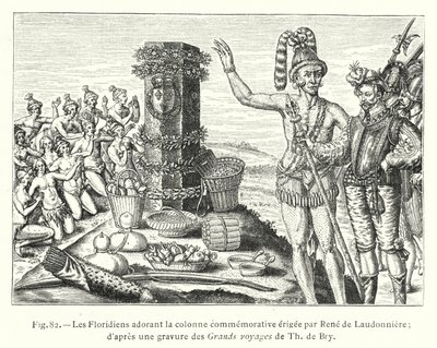 Los floridanos adorando la columna conmemorativa erigida por René de Laudonnière; según un grabado de los Grandes viajes de Th de Bry de French School