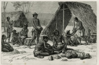 Los indios Galibis (o Kalinas) haciendo cerámica, grabado por D. Maillart, para ilustrar el viaje de exploración en el interior de Guayana por el Dr. Jules Crevaux, médico de la Marina Francesa, en 1876-1877, publicado en la tour du monde, bajo la direcció de French School