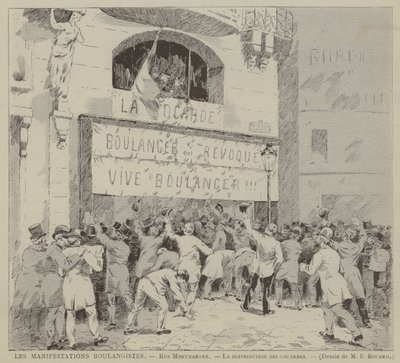 Les Manifestations Boulangistes, Rue Montmartre, La distribution des cocardes (grabado) de French School