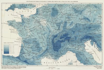 Lluvia en Francia, Suiza y parte de Italia y Alemania (litografía en color) de French School