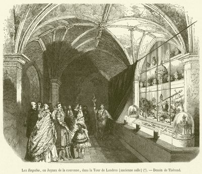 Les Regalia, ou Joyaux de la couronne, dans la Tour de Londres, ancienne salle de French School