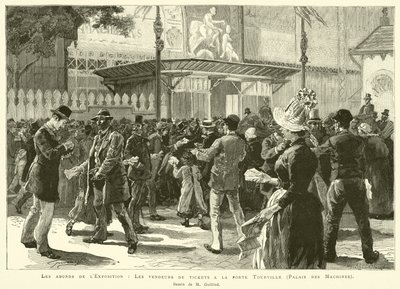 Los alrededores de la Exposición, Los vendedores de boletos en la puerta Tourville, Palacio de las Máquinas, Dibujo de M Guilliod de French School