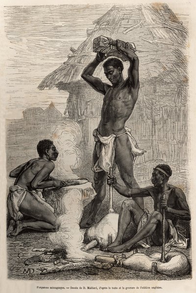 Los herreros mannganyas, en un pueblo a lo largo del río Loualaba (actual río Congo), grabado después de un dibujo de D. Maillard, ilustrando el último diario de David Livingstone (1813-1873), en 1866-1873, publicado en 