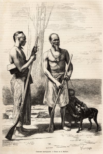 Los cazadores montañeses de la isla Formosa, grabado según un dibujo de D.Maillard, ilustrando el viaje a China, por J.Thompson, en 1870-1872, publicado en “Le tour du monde” 1875, editado por Edouard Charton, edición Hachette, París. Colección Selva de French School